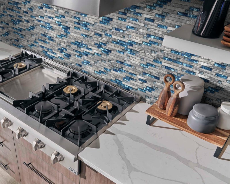 Blujellyfish Gray Marble Tile for Kitchen Backsplash 12 in. x 12 in. x 8 mm Teal Blue Glass Mosaic Bathroom Shower Wall Linear Tiles (Pack of 5 Sheets) - Image 3